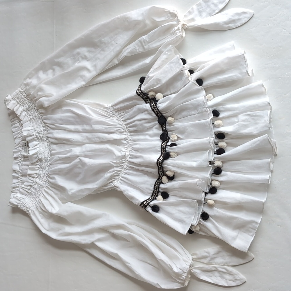 Caroline Constas White Black Off the Shoulder Pom Poms Dress Women's Size XS